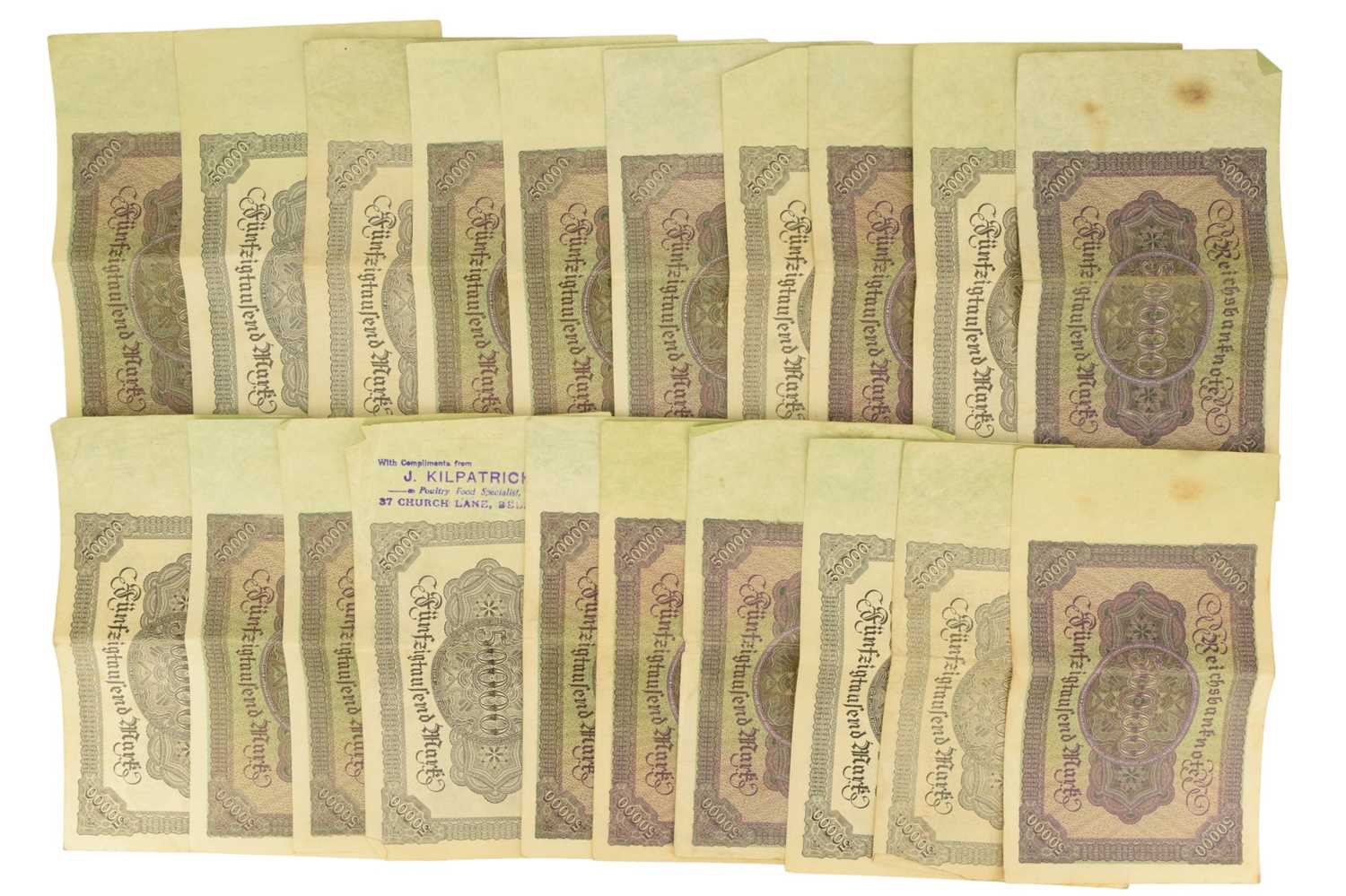 A quantity of Weimar German hyper-inflation 50,000 mark banknotes