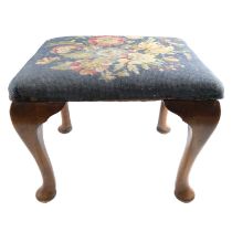 A George V tapestry upholstered walnut dressing table stool, 44 x 36 x 35 cm