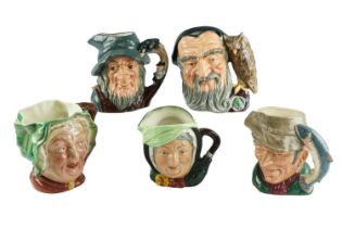 Four large Royal Doulton character jugs, including Merlin and Sairy Gamp, etc, together with a