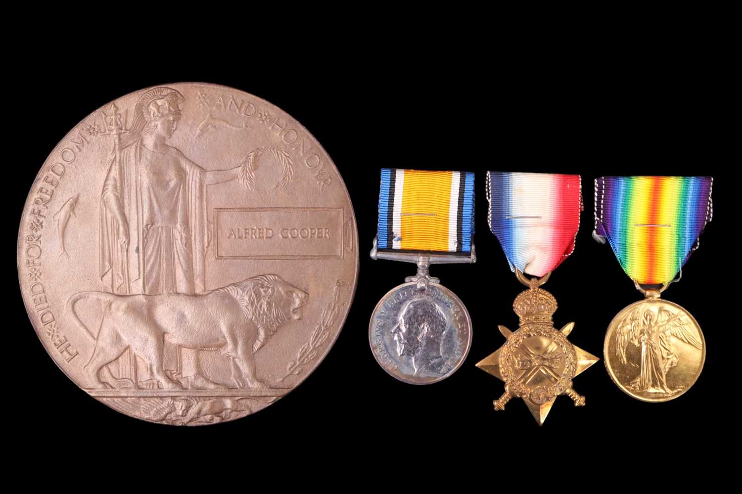 A 1914-15 Star, British War and Victory Medals with Memorial Plaque to S-8654 Pte Alfred Cooper,