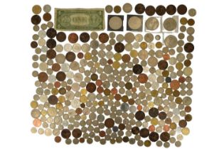 A collection of GB, Irish, and world coins including a US one dollar banknote, etc