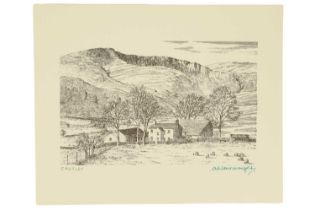 Alfred Wainwright (1907-1991) “Cautley”, a mountainous study of a rural farmstead sitting beneath