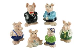 Six Wade Natwest ceramic piggy banks with original stoppers including Cousin Wesley, etc, 19 cm