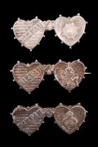 Three early 20th Century silver Mizpah type sweetheart brooches; respectively Grenadier Guards,
