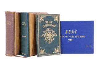 Two British Overseas Airways Corporation Junior Jet Club Log Books and two olive wood covered Holy