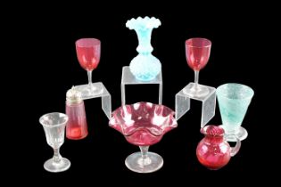 A group of Victorian glass, including cranberry glass, end of day glass, etc