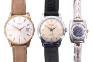 Three wristwatches comprising a Seiko, having an automatic 17 jewel movement and date aperture to