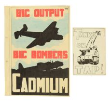 A 1942 propaganda poster design "Big Output, Big Bombers, Cadmium", pen, ink and watercolour, signed