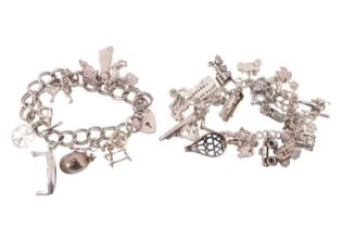 Two silver and white metal charm bracelets, comprising a white metal bracelet having 21 charms and a
