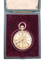 A cased early 20th Century 14 K yellow-metal pocket / fob watch, having a crown-wound pin-set