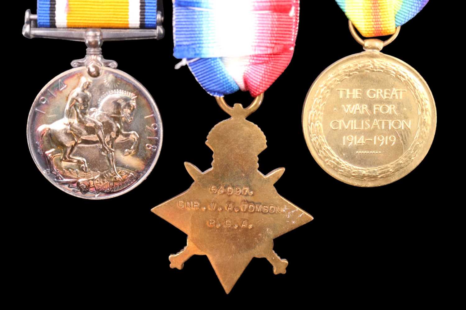 A 1914-15 Star, British War and Victory Medals with Memorial Plaque to 54097, Gnr William Albert - Image 3 of 7