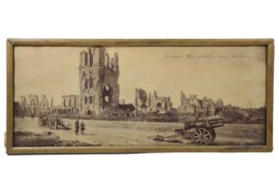 A period monochrome photographic print depicting the ruins of the Cloth Hall at Ypres, 61 cm x 26 cm