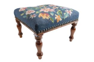 A Victorian walnut footstool with embroidered top, 27 x 21 cm