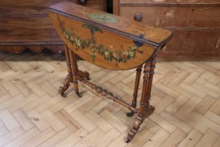 A Victorian painted satinwood drop leaf occasional table, 77 x 32 x 65 cm closed, (77 x 61 open)