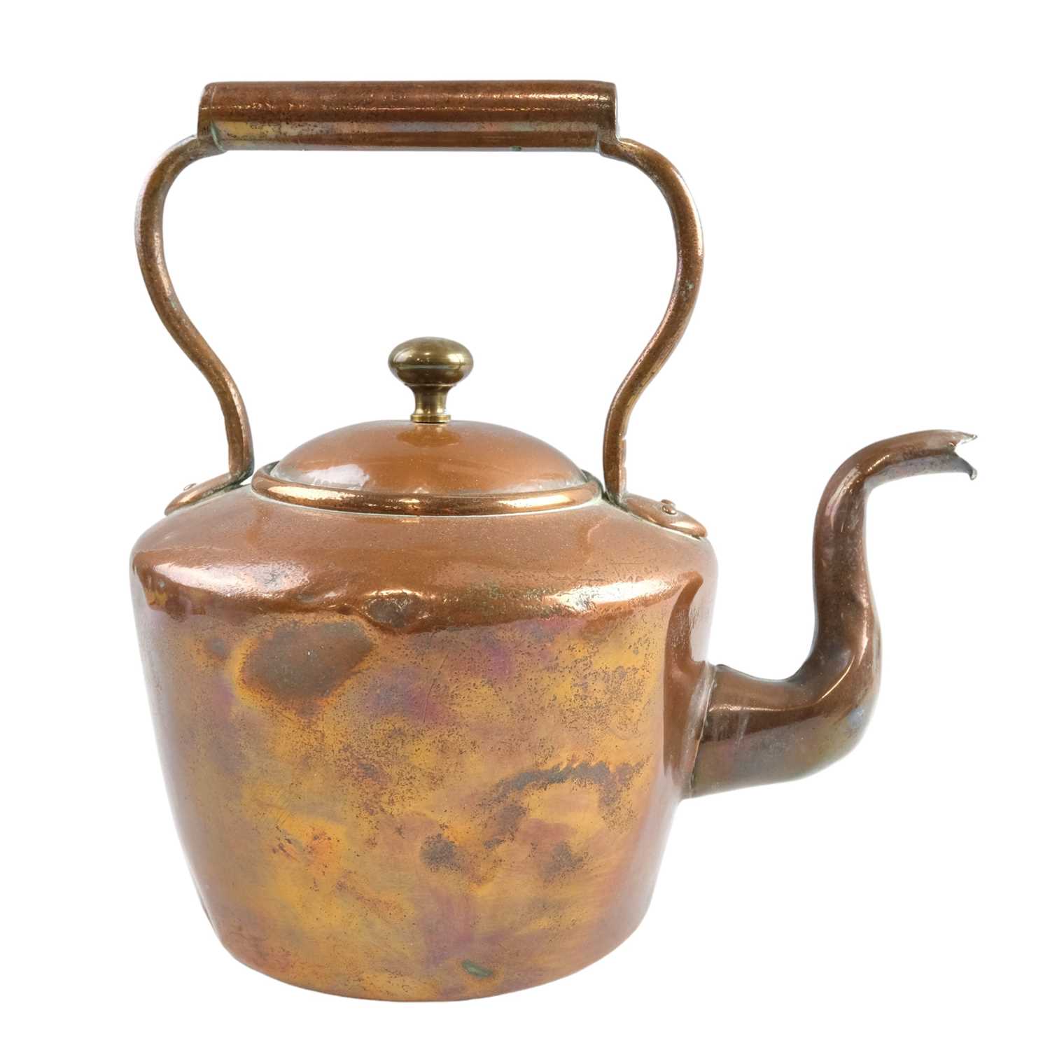 A Victorian copper kettle and four copper and brass diminutive 2-ounce saucepans, kettle 26 cm - Image 2 of 2