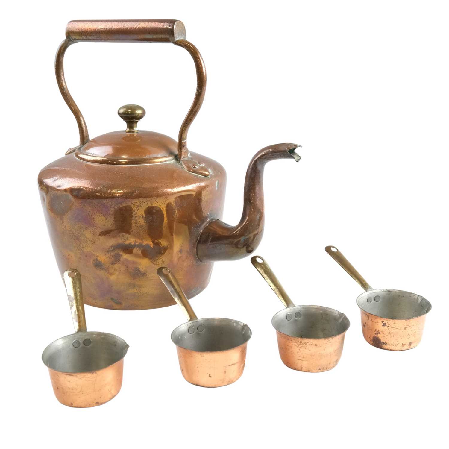 A Victorian copper kettle and four copper and brass diminutive 2-ounce saucepans, kettle 26 cm