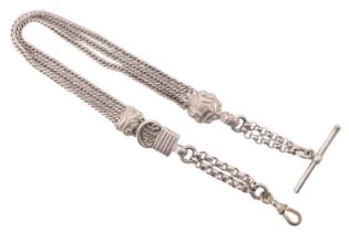 A late 20th Century white metal Albertina or fancy watch chain, having three curb link chains