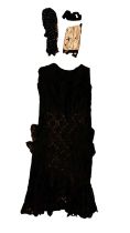 A 1920s black lace dress together with a black beaded bolero and silk beaded bag