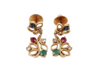 A pair of late 20th Century diamond, sapphire, ruby and emerald pendant earrings, each comprising