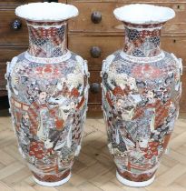 A pair of uncommonly large Japanese satsuma earthenware vases, (a/f), 80 cm high