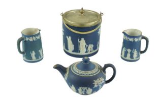 Wedgwood electroplate mounted Portland Blue Jasperware biscuit barrel, a teapot, and two jugs