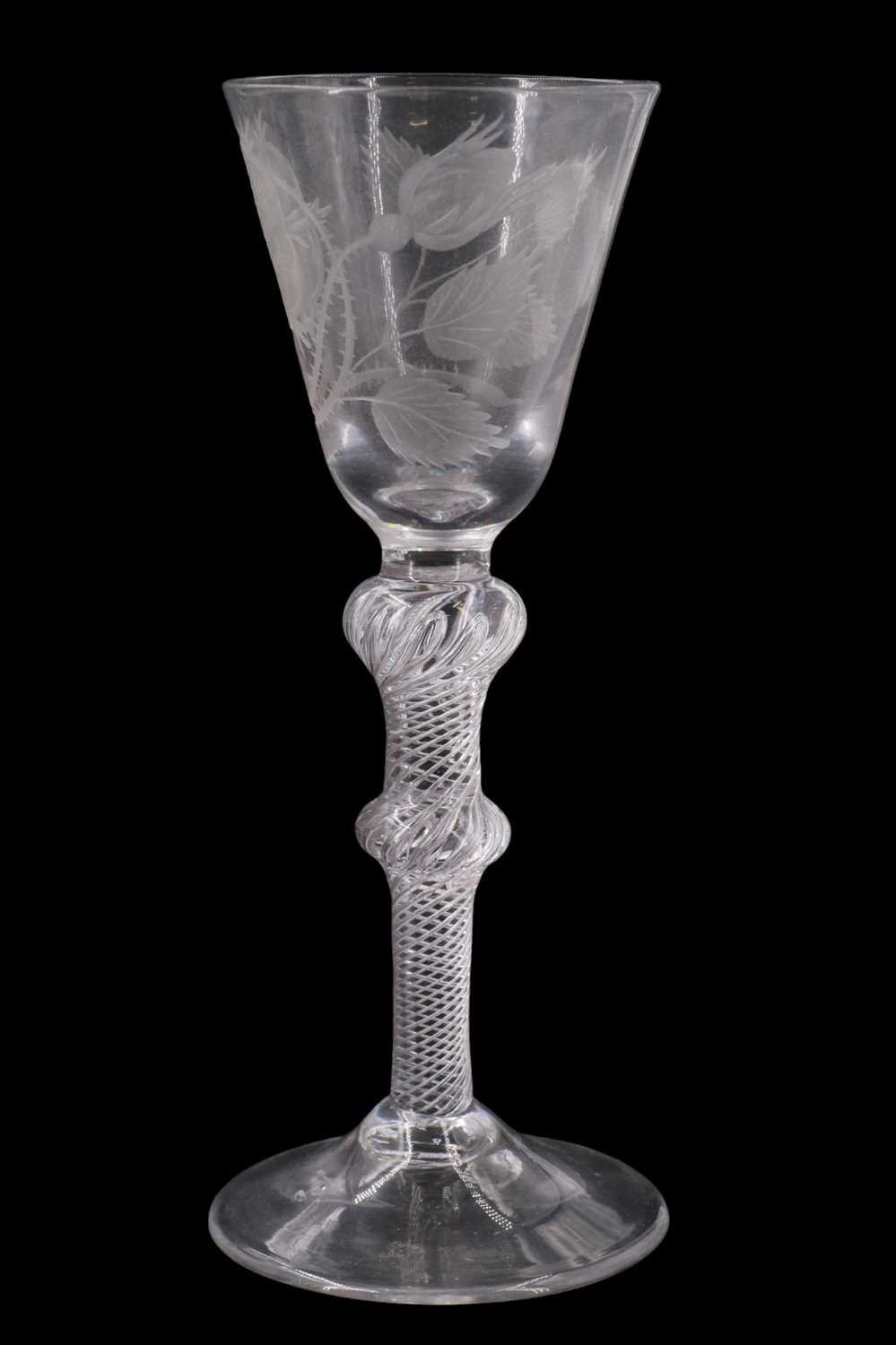 A Jacobite wine glass, having a conical funnel bowl and double-knopped multiple spiral air twist - Image 2 of 5