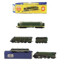 Three vintage Hornby Dublo OO gauge locomotives, comprising boxed Deltic Diesel-Electric (3234),