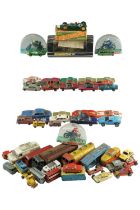 A group of vintage play-worn diecast toy cars, including Dinky, Corgi, Politoys, Hot Wheels, etc