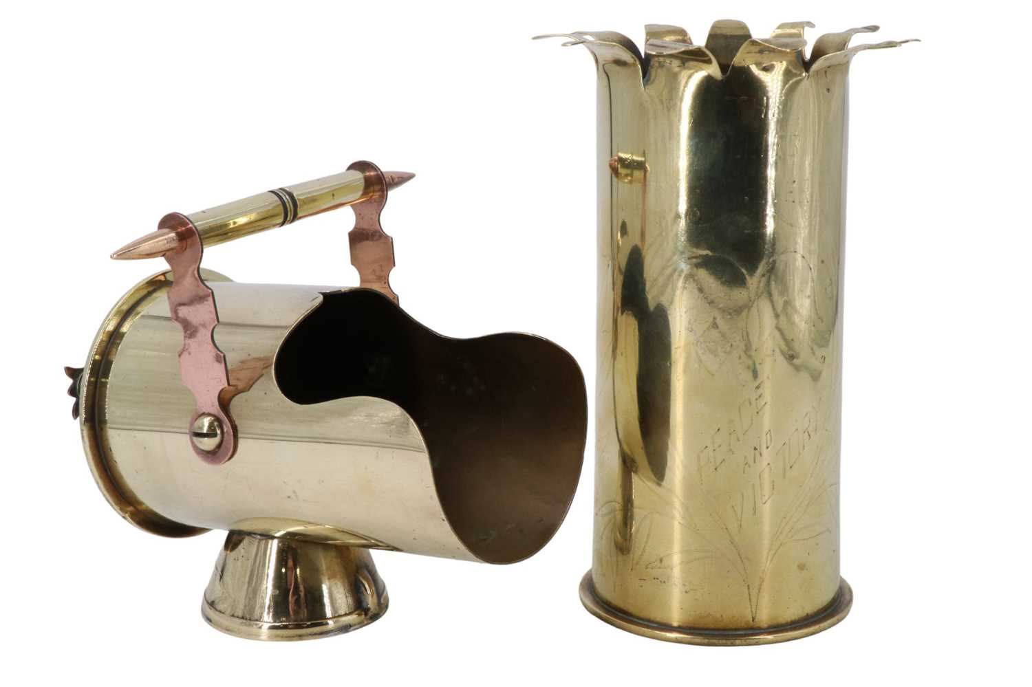 A Great War trench art brass shell case sugar scuttle, dated 1916, together with a vase / poker
