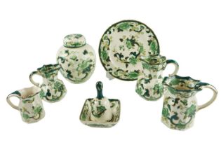Eight items of Mason's Chartreuse ware, including ginger jar, jugs etc, ginger jar 18 cm