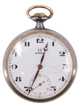 A 1920s Omega burnished steel pocket watch, having a crown wound 15 jewel movement and 24 hour