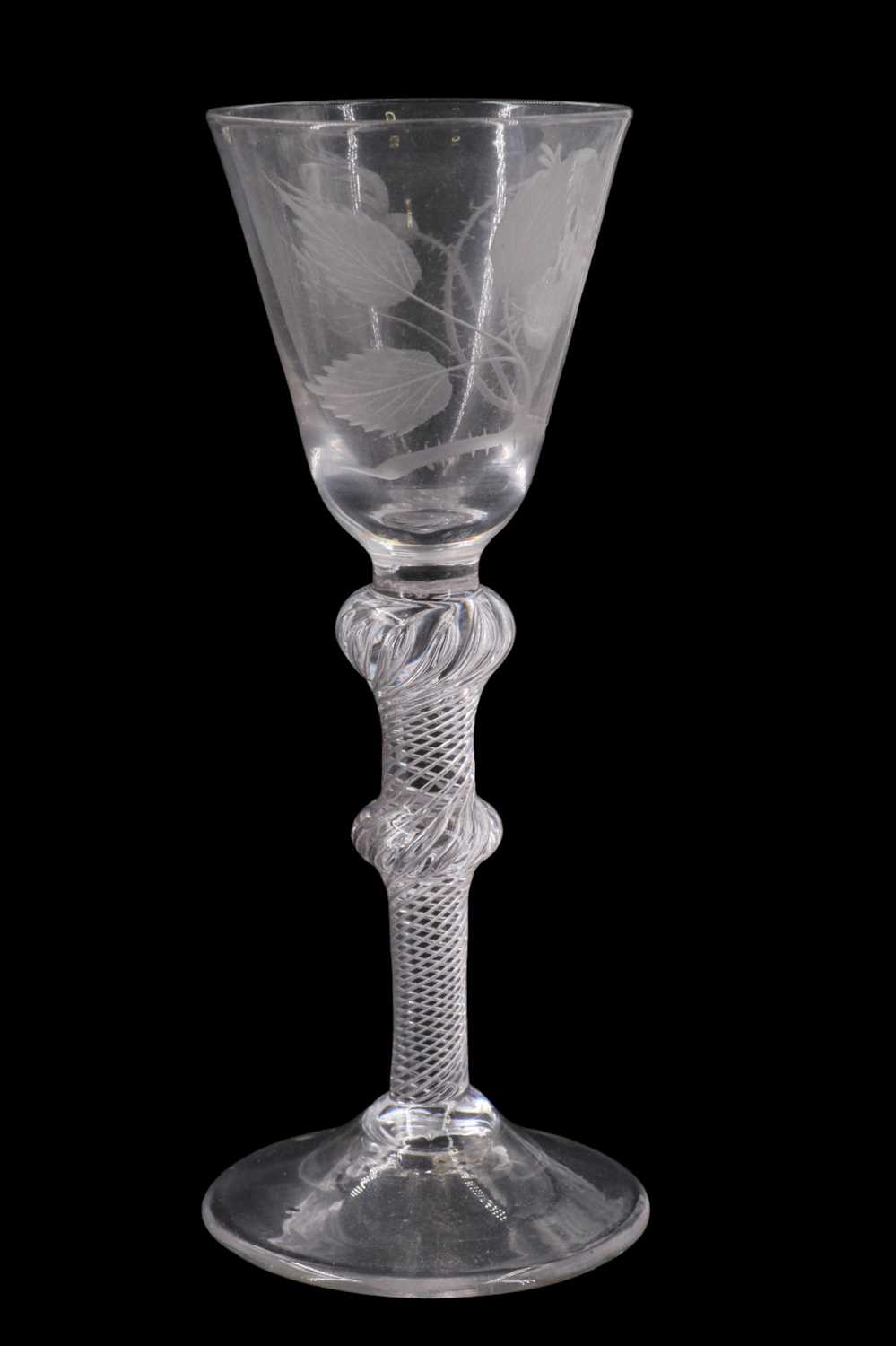 A Jacobite wine glass, having a conical funnel bowl and double-knopped multiple spiral air twist - Image 4 of 5
