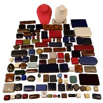 A collection of antique and later watch, ring, and other jewellery boxes together with a red