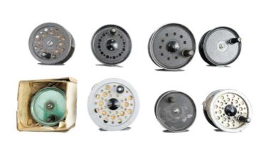 Young, Pridex, Beaudex and Condex reels together with two Shakespeare Beaulite centre pin fishing