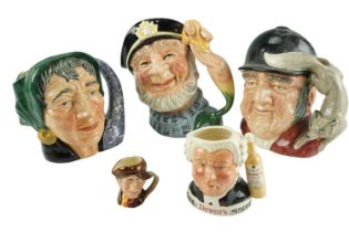 Five Royal Doulton character jugs including Old Salt, Gone Away, The Fortune Teller, etc, 20 cm