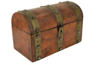 A Victorian brass-bound burr walnut two-compartment tea caddy, of arched section, 23 cm x 25 cm