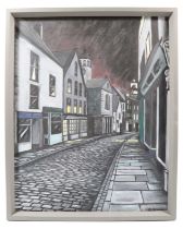 Regan Bevons (Contemporary) "Red Sky at Night, Church Street, Whitby", a bold, dark, stylized street