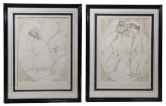 Jean Heine (French, contemporary). Two studies of a nude woman respectively posed with a small