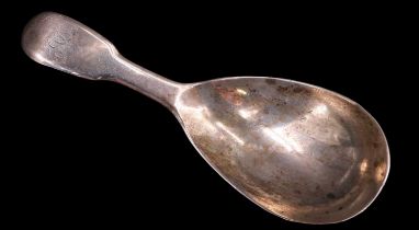 A George III silver fiddle pattern caddy spoon bearing engraved initials to the terminal, Robert