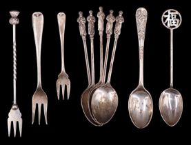 A small quantity of silver and white metal spoons and forks, including a pickle fork, apostle, and