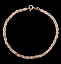 A 1980s two-tone chain bracelet, comprising a 9 ct gold rope link chain entwined with two white