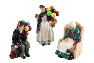 Three Royal Doulton figurines, The Balloon Man, Biddy Pennyfarthing and Forty Winks, tallest 23 cm