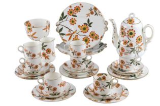 A Victorian transfer printed and hand enamelled Aesthetic Movement influenced teaset, the pot