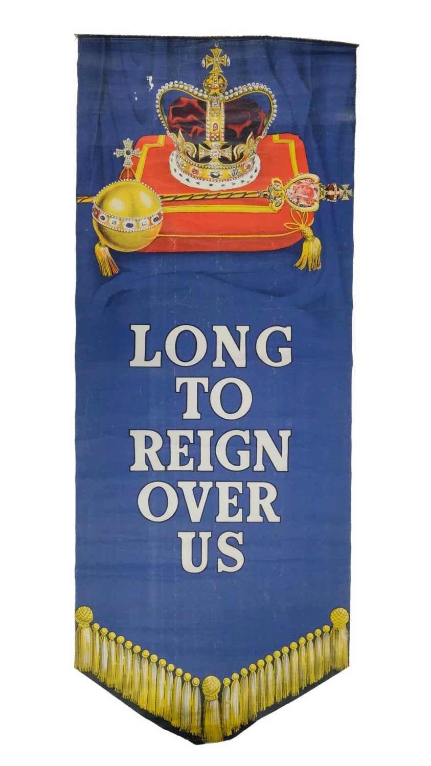A QEII 1953 Coronation royal commemorative wall hanging "Long to Reign Over Us", 35.5 x 89 cm