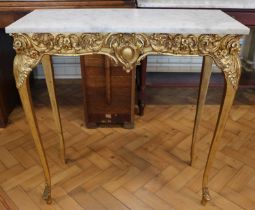 A contemporary carved and gilt hardwood pier table having a Carrara marble top, 77 x 35 x 81 cm