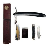 A boxed vintage Bet-Brand cut-throat razor and blades together with two small folding pocket knives,