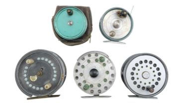 Five centrepin fly fishing reels comprising a Sharpes of Aberdeen 'The Gordon' 4", Farlow, Condex,