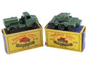 A boxed diecast Matchbox Series 71 Army Water Truck and 67 'Saladin' armoured car