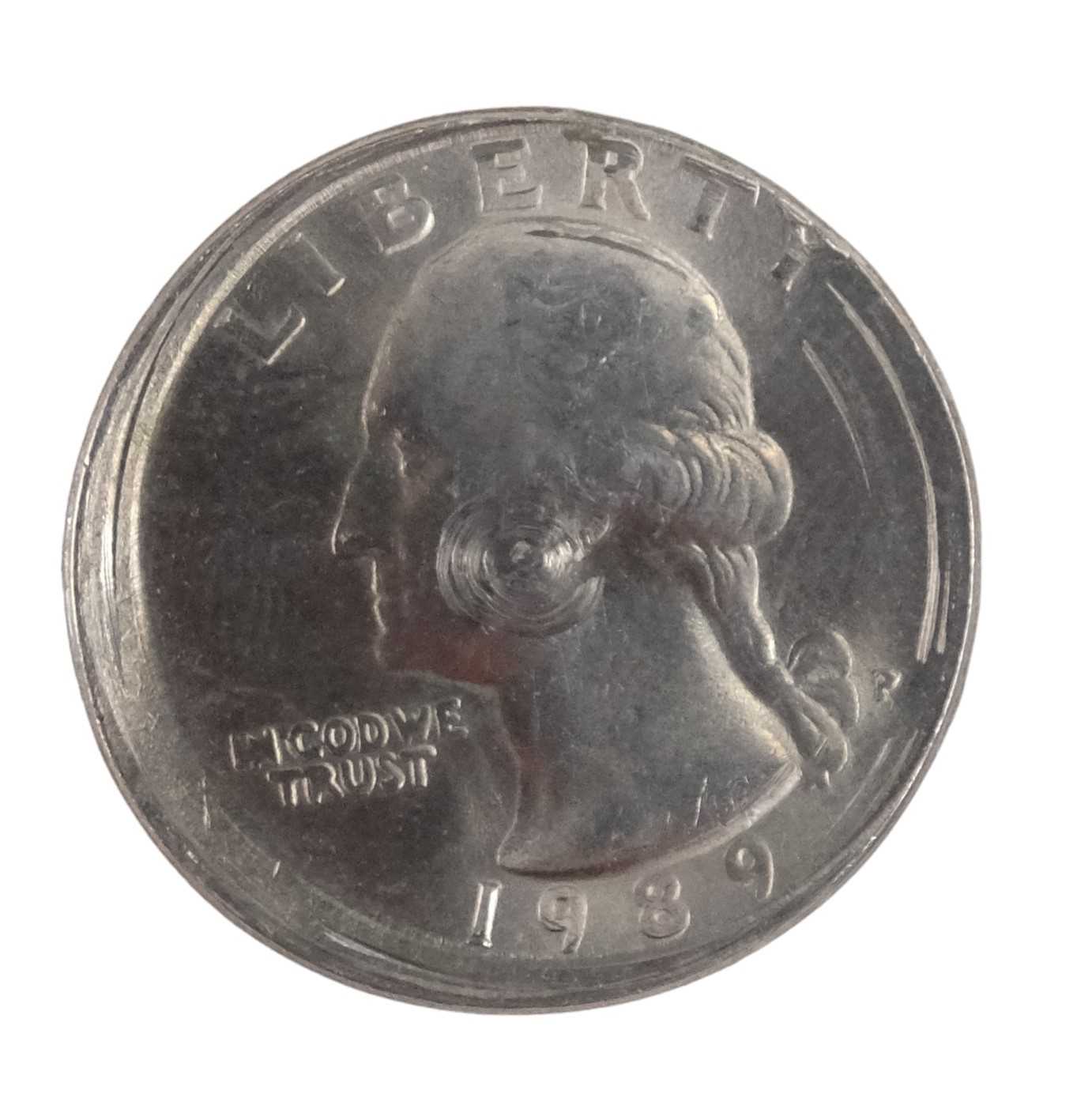 A 1989 US Broadstrike error quarter coin, Philadelphia Mint mark
