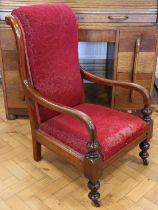 A Victorian upholstered walnut open armchair, 92 cm